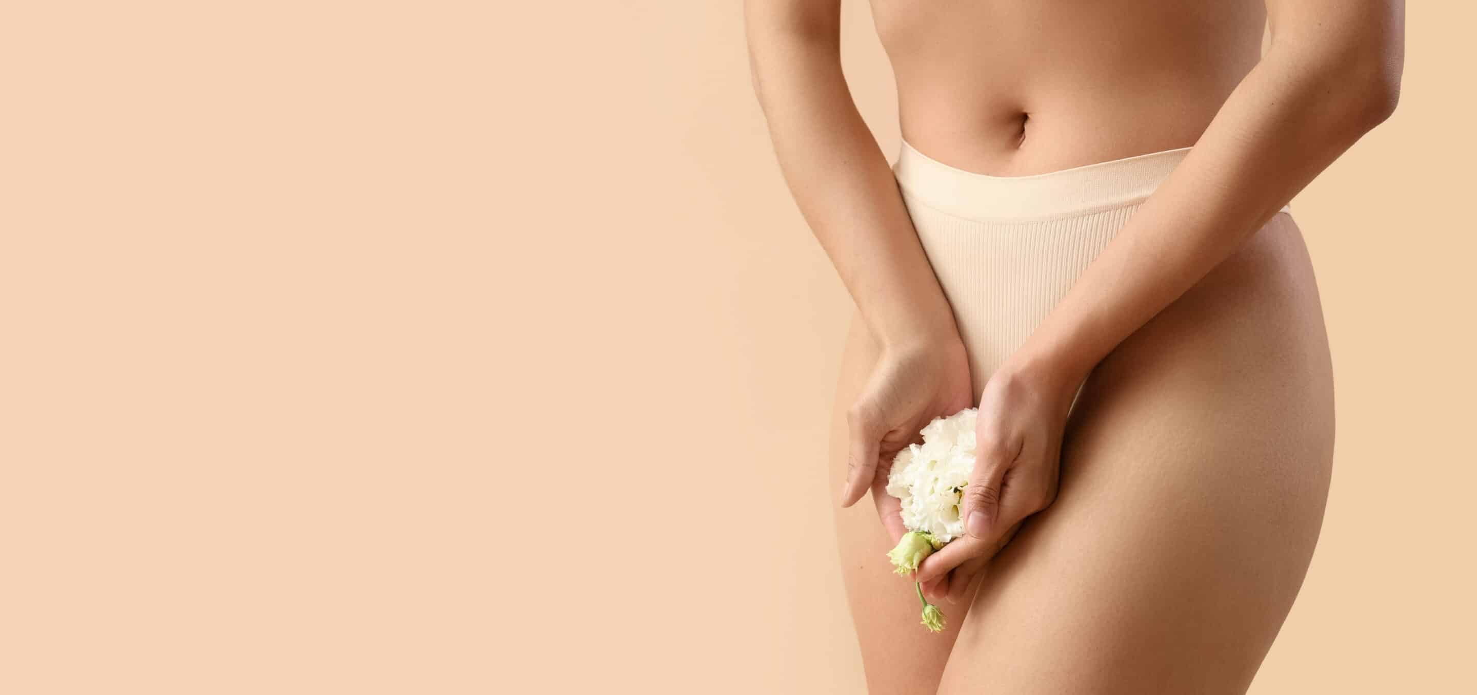 photograph of a woman’s midsection and thighs wearing cream-colored high-waisted underwear, holding a small white flower with both hands in front of her pelvic